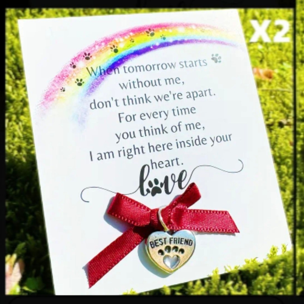 2 Paw Heart Pendant with Red Ribbon And Memorial Poem
